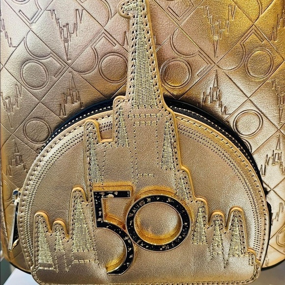 Mickey Mouse Walt Disney World 50th Anniversary Leather Gold Loungefly Backpack - Picture 6 of 13